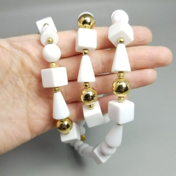 Vintage Trifari White and Gold Tone Long Plastic Beaded Necklace, Funky Shapes - Picture 2 of 8